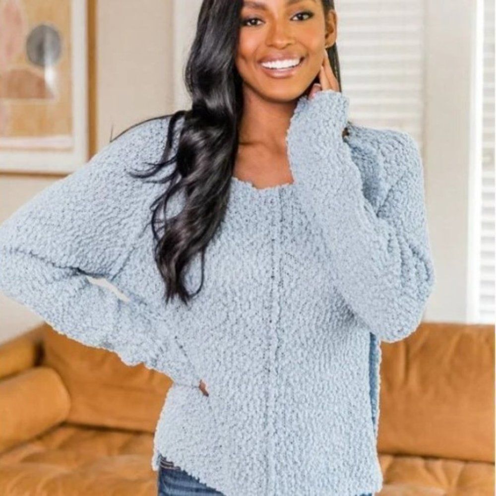 Pink Lily Said It Twice Blue Popcorn Sweater Small